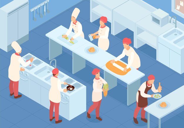 Fondo isométrico de cocina con símbolos de cocina y chef ilustración vectorial
