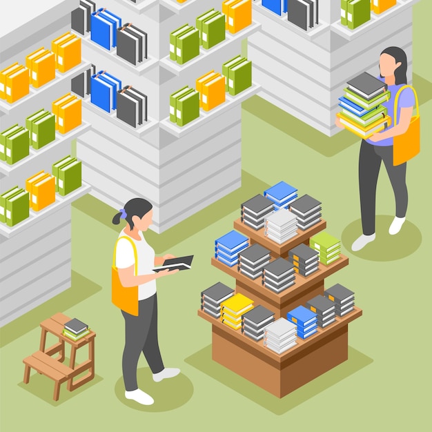 Fondo isométrico de librería con mujeres eligiendo libros en la ilustración de vector de tienda
