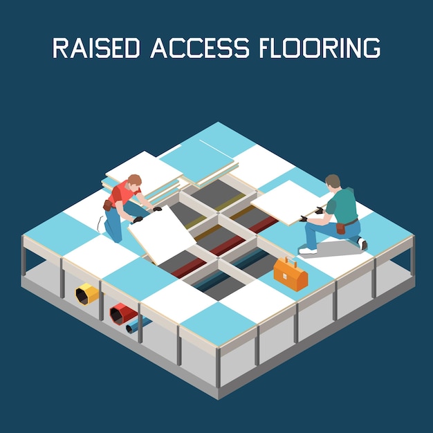Fondo isométrico del piso de acceso elevado con trabajadores que instalan módulos sobre cables y tuberías ocultos ilustración vectorial
