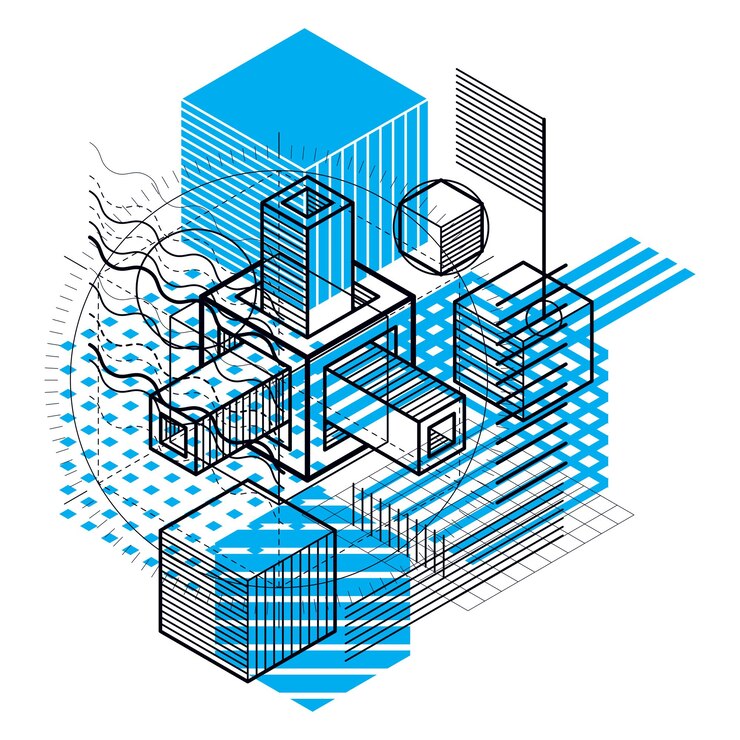 Vector fondo isométrico de vector abstracto 3d. diseño de cubos, hexágonos, cuadrados, rectángulos y diferentes elementos abstractos.
