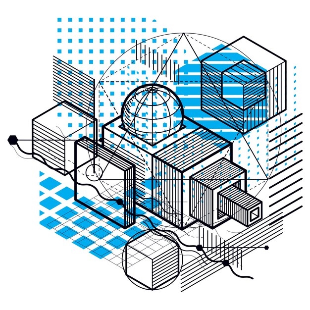 Fondo isométrico de vector abstracto 3d. Diseño de cubos, hexágonos, cuadrados, rectángulos y diferentes elementos abstractos.