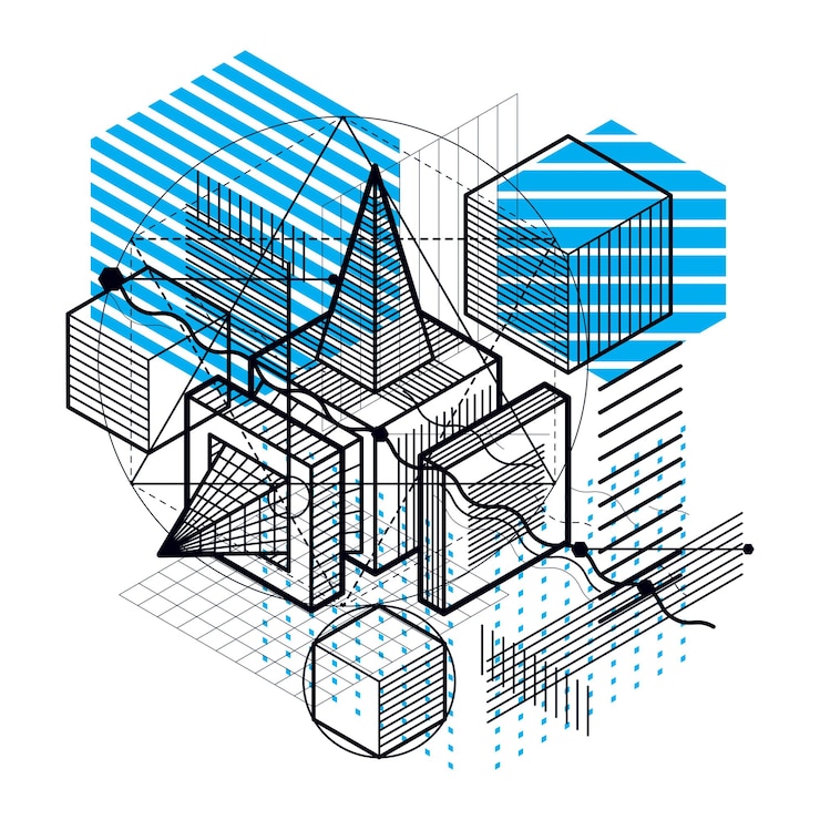 Vector fondo isométrico de vector abstracto 3d. diseño de cubos, hexágonos, cuadrados, rectángulos y diferentes elementos abstractos.