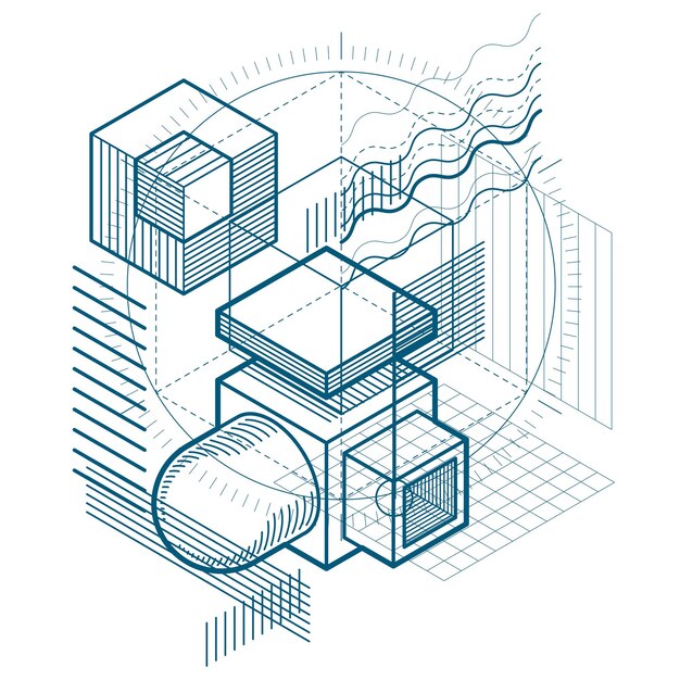 Fondo isométrico de vector abstracto 3d. Diseño de cubos, hexágonos, cuadrados, rectángulos y diferentes elementos abstractos.