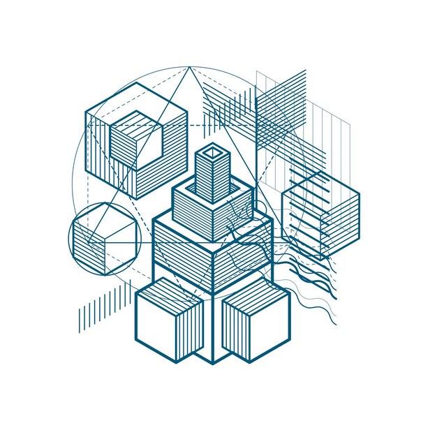 Fondo isométrico de vector abstracto 3d. Diseño de cubos, hexágonos, cuadrados, rectángulos y diferentes elementos abstractos.