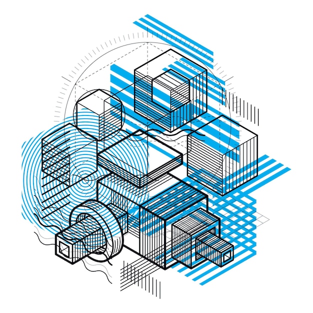 Fondo isométrico de vector abstracto 3d. Diseño de cubos, hexágonos, cuadrados, rectángulos y diferentes elementos abstractos.