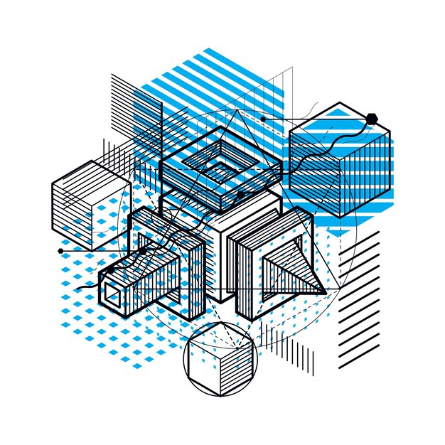 Fondo isométrico de vector abstracto 3d. Diseño de cubos, hexágonos, cuadrados, rectángulos y diferentes elementos abstractos.