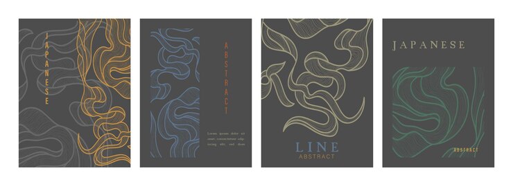 Fondo japonés con arte de líneas adornos de carteles asiáticos ondas abstractas invitaciones folletos