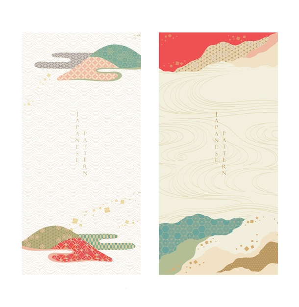 Fondo japonés con icono vectorial tradicional asiático patrón de onda de árbol Bonsai elementos de bambú y cinta plantilla de patrón geométrico en estilo vintage
