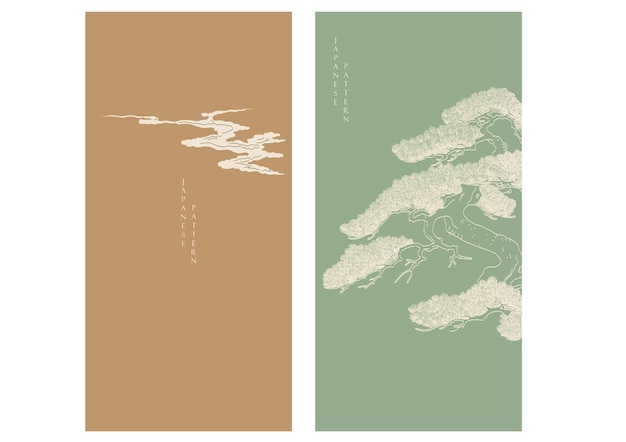 Fondo japonés con línea de patrón de árbol de bonsai vector plantilla abstracta nube china