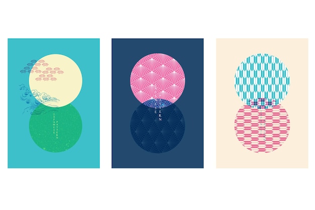 Fondo japonés con patrón de arte de líneas vectorial plantilla abstracta con patrón geométrico mínimo tradicional en estilo risógrafo fondo de círculo en estilo vintage