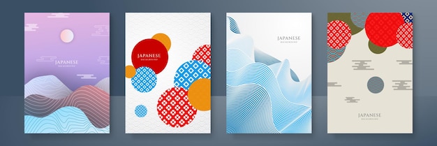 Fondo japonés con vector de patrón de onda de línea Plantilla abstracta con patrón de paisaje Montaña y océano decorativo en estilo oriental