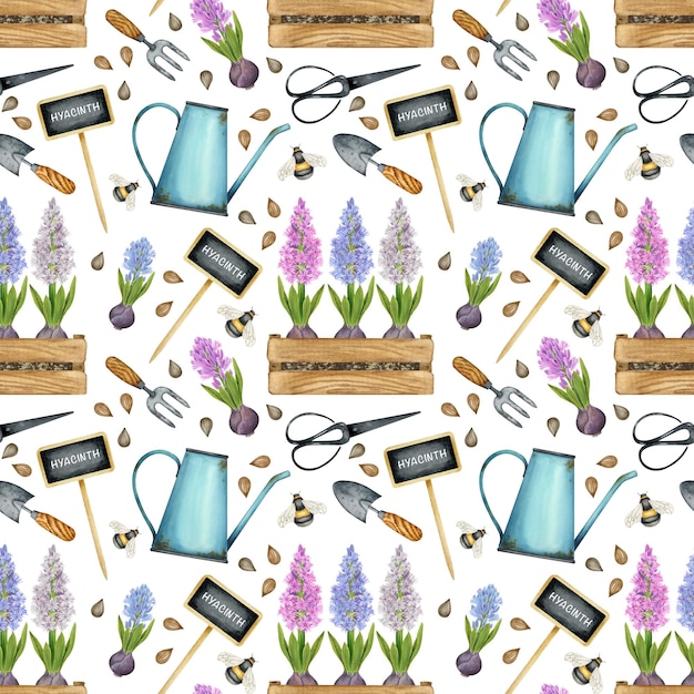 Fondo de jardín vintage acuarela patrón sin costuras jacintos y herramientas de jardinería