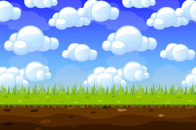 Fondo de juego hecho de elementos interminables sin costuras, nubes de cielo y hierba, activos vectoriales y capas para sus juegos móviles 2D, fondo de juego de estilo dibujos animados.