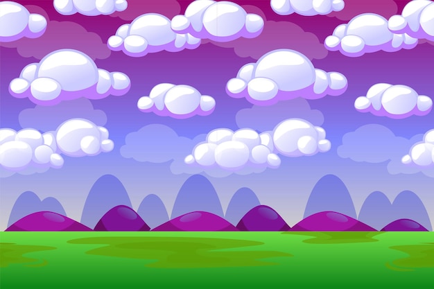 Fondo de juego hecho de elementos interminables sin costuras, nubes de cielo, montañas y desierto, activos vectoriales y capas para sus juegos móviles 2D, fondo de juego de estilo dibujos animados.