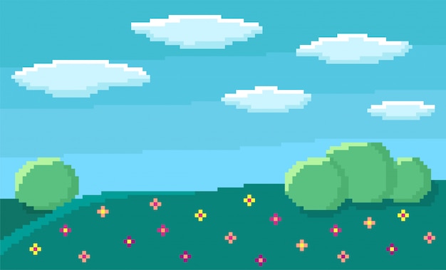 Fondo de juego de pixel art con cielo azul y nubes