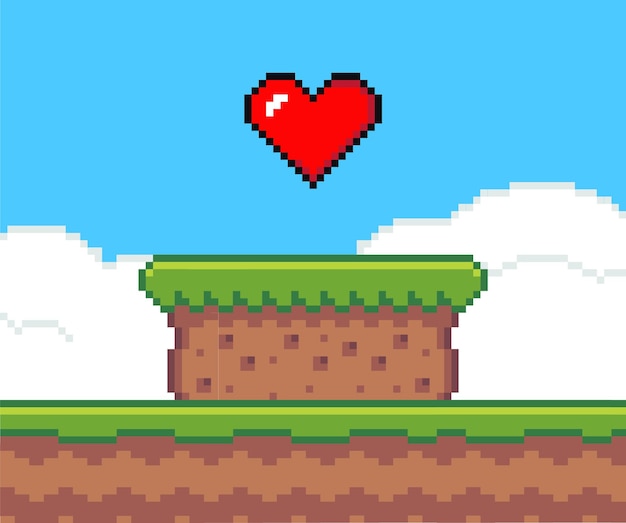 Fondo de juego de pixel art con corazón en el cielo