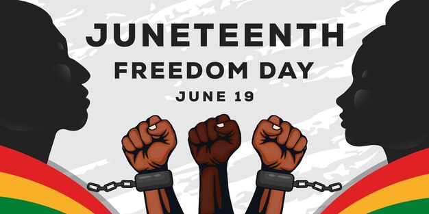 Fondo de Juneteenth con dos siluetas de personas africanas y manos.