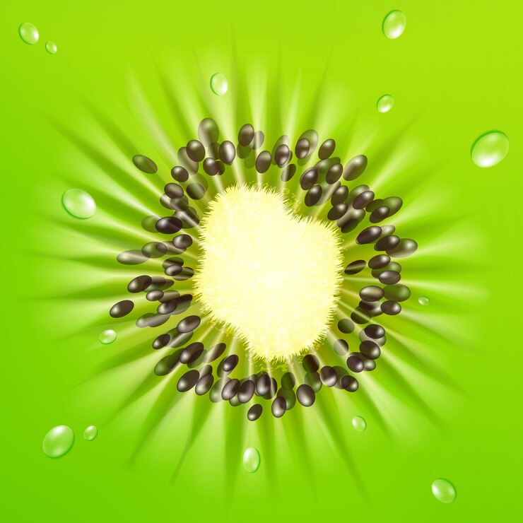 Vector fondo de kiwi 3d realista. primer plano de kiwi en un corte con gotas de agua. diseño de fondo en tonos verdes. se utiliza como patrón de tela. diseño de camiseta. vector
