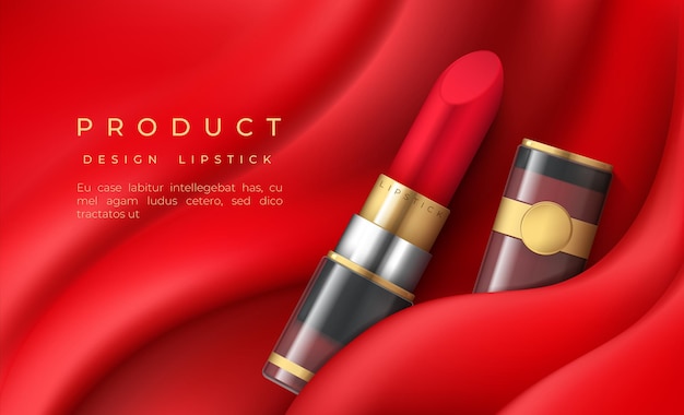 Fondo de lápiz labial. Banner publicitario realista con productos rojos para labios, cartel de cosmética de lujo. Producto de textura en crema de maquillaje elegante sobre tela plisada. Maqueta de diseño de envases de belleza vectorial