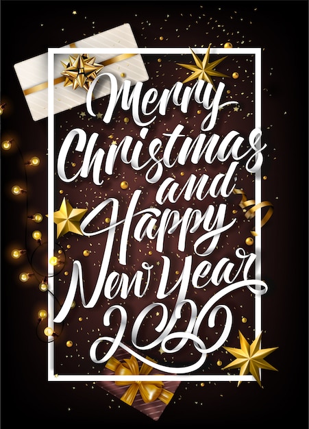 Fondo de letras con elementos de feliz Navidad y año nuevo 2020
