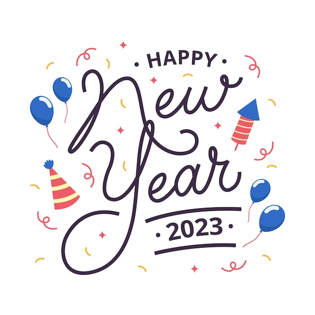Fondo de letras feliz año nuevo 2023 con decoraciones de confeti