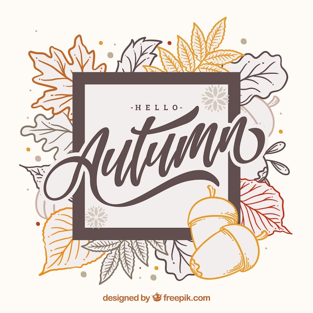 Fondo de lettering de hola otoño con hojas