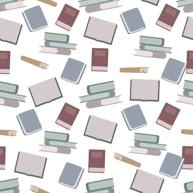 Fondo de libros de Doodle. Pilas de patrones sin fisuras y montones de diferentes libros, revistas y cuadernos. Diferentes libros de la biblioteca.
