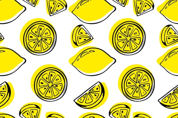 Fondo de limones de patrones sin fisuras Frutas enteras maduras pieza de frutas Ilustración de alimentos vectoriales