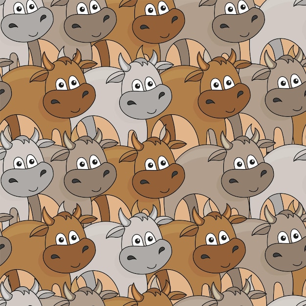 Fondo lindo buey. Patrón sin fisuras con pequeños dibujos animados de vacas o toros. Ideal para libros infantiles, papel tapiz, tela, tarjetas, diseño de envases.