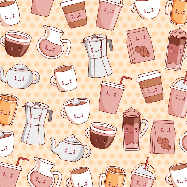 Fondo lindo de los patrones del kawaii del café