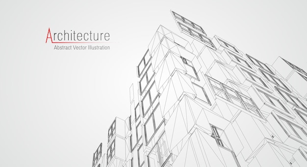 Fondo de línea de arquitectura. Resumen de vector de dibujo de construcción de edificio. Proyecto 3d de ciudad moderna. Rejilla geométrica de tecnología. Casa de planos de alambre. Estructura alámbrica de innovación de arquitecto digital.