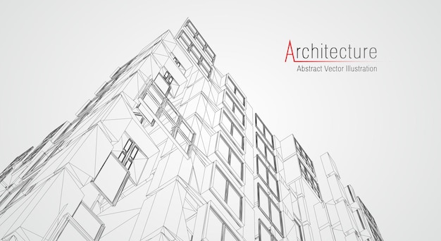 Fondo de línea de arquitectura. Resumen de vector de dibujo de construcción de edificio. Proyecto 3d de ciudad moderna. Rejilla geométrica de tecnología. Casa de planos de alambre. Estructura alámbrica de innovación de arquitecto digital.