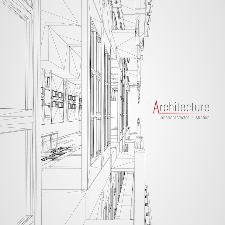 Vector fondo de línea de arquitectura. resumen de vector de dibujo de construcción de edificio. proyecto 3d de ciudad moderna. rejilla geométrica de tecnología. casa de planos de alambre. estructura alámbrica de innovación de arquitecto digital.