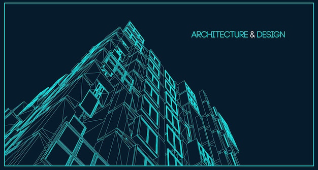 Fondo de línea de arquitectura. Resumen de vector de dibujo de construcción de edificio. Proyecto 3d de ciudad moderna. Rejilla geométrica de tecnología. Casa de planos de alambre. Estructura alámbrica de innovación de arquitecto digital.