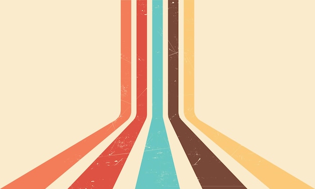 Vector fondo de líneas de perspectiva retro de los años 70. banner, telón de fondo y papel tapiz de rayas coloridas vintage.