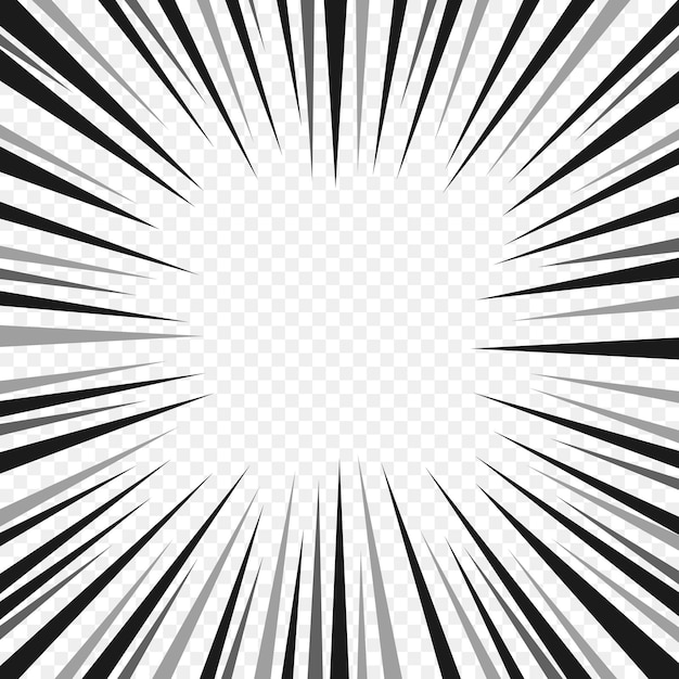 Fondo de líneas radiales de explosión flash de cómic abstracto. Ilustración de vector de diseño de superhéroe. Explosión de tira de luz blanca negra brillante. Resplandor de la explosión del rayo de destello. Sello de impresión de lucha de héroe de dibujos animados de manga.