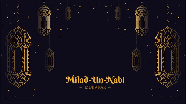 Fondo de linterna de diseño de banner de milad un nabi en estilo de arte de línea