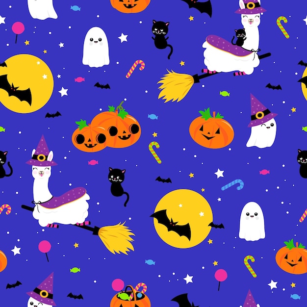 Fondo de llama de Halloween Patrón sin costuras Decoración linda con llamas brujas gatos y calabazas