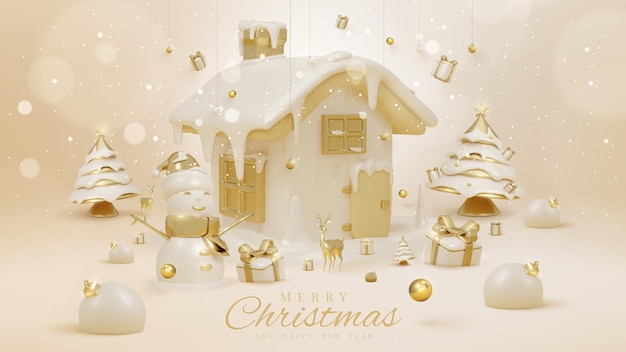 Fondo de lujo con adornos navideños realistas en 3d y efectos de luz y decoraciones de nieve