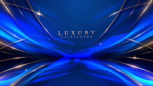 Fondo de lujo azul con decoración de línea dorada y efecto de luz curva con elementos bokeh
