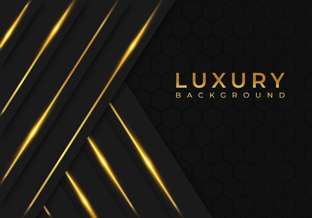 Fondo de lujo negro moderno con decoración de línea dorada sobre fondo metálico de patrón hexagonal oscuro