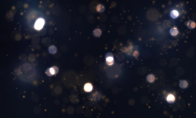 Fondo luminoso azul festivo con luces de colores bokeh. Resplandor con partículas brillantes voladoras. Brillo de colores. Polvo mágico volador para tu proyecto. Ilustración de vector, eps 10.