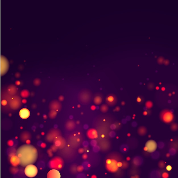 Fondo luminoso festivo púrpura y dorado con luces de colores bokeh. Tarjeta de felicitación de concepto. Cartel de vacaciones mágicas, banner. Noche oro brillante destellos Resumen de luz