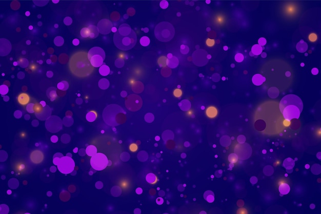 Fondo luminoso púrpura y dorado festivo con luces de colores bokeh. Concepto de Navidad Tarjeta de felicitación de Navidad. Cartel de vacaciones mágicas, banner. Noche brillante oro destellos Resumen de luz