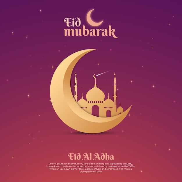 Fondo de luna creciente y mezquita realista eid mubarak y eid al adha Vector Premium
