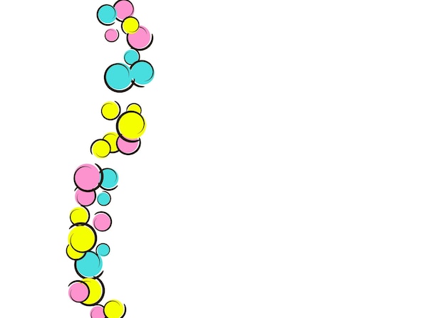 Fondo de lunares con confeti de cómic pop art. Grandes manchas de colores, espirales y círculos en blanco. Ilustración vectorial. Salpicaduras de niños de plástico para fiesta de cumpleaños. Fondo de lunares arco iris.