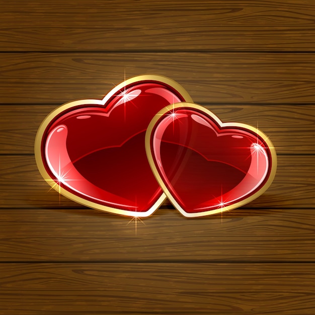 Fondo de madera con dos corazones brillantes ilustración