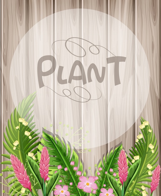 Vector fondo de madera con flores rosadas y hojas verdes