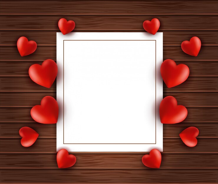 Fondo de madera con marco de papel blanco y corazones