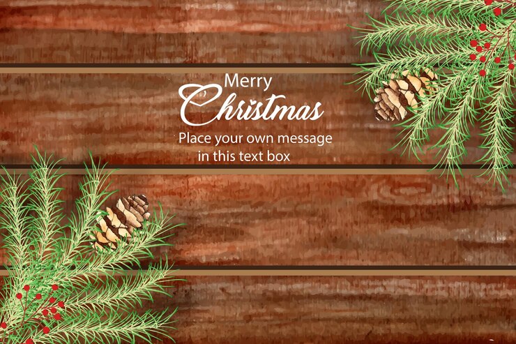 Vector fondo de madera de navidad con cono de pino acuarela y rama de abeto.